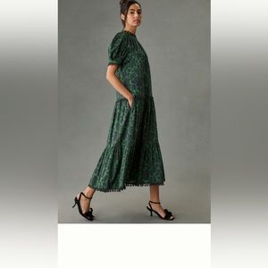 Rhode shorth sleeve dress puff midi size s color green floral with black